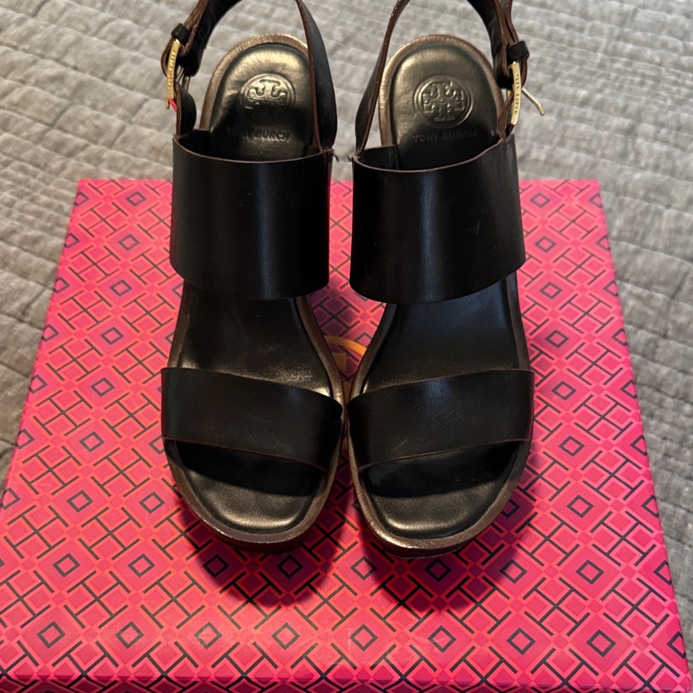 Tory Burch Black Leather Wedges
